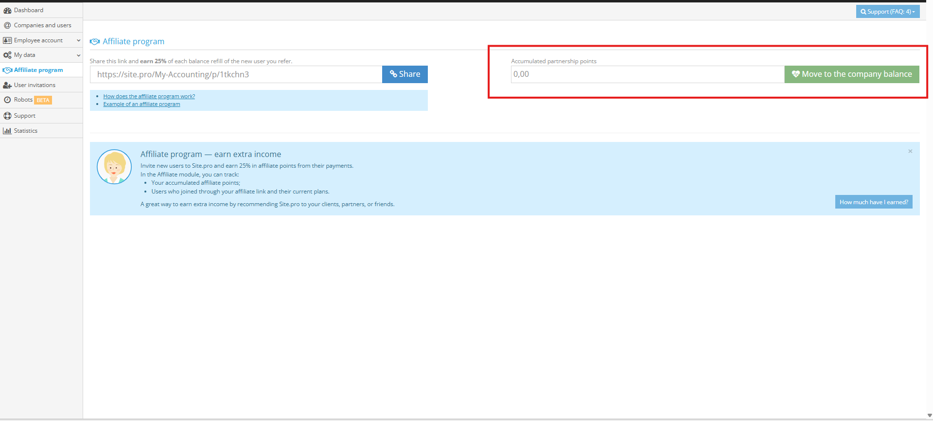 Affiliate program page showing the accumulated partnership points and the Move to the company balance button highlighted in red